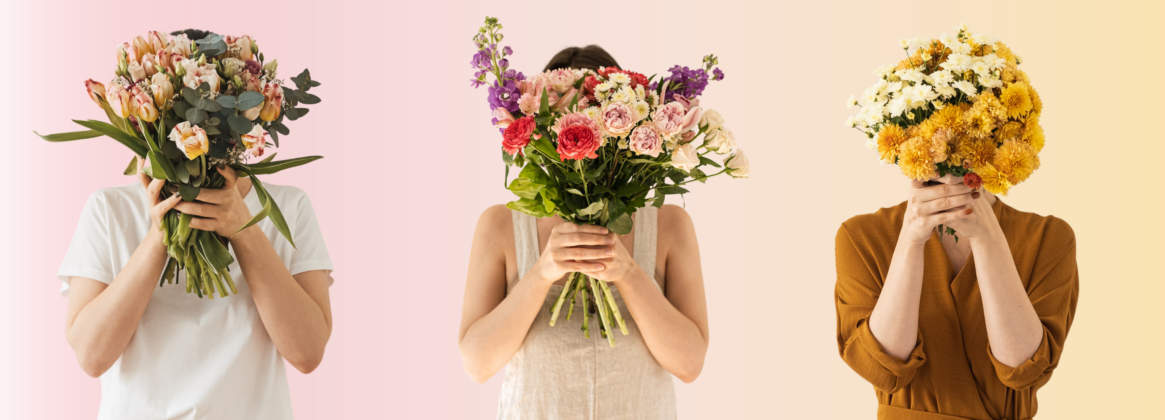 3 people holding bouquets